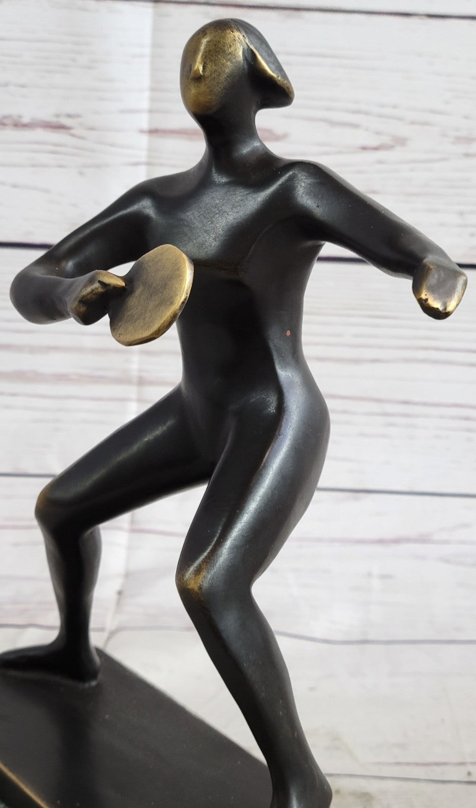 100% Solid Bronze Woman Girl Ping Pong Player with Green Marble Base Signed