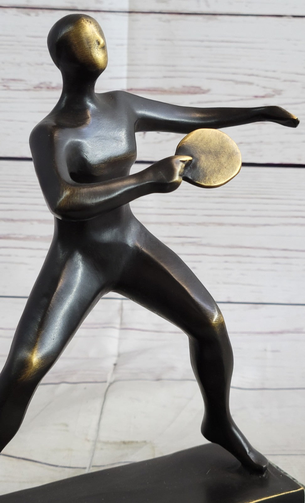 100% Solid Bronze Woman Girl Ping Pong Player with Green Marble Base Signed