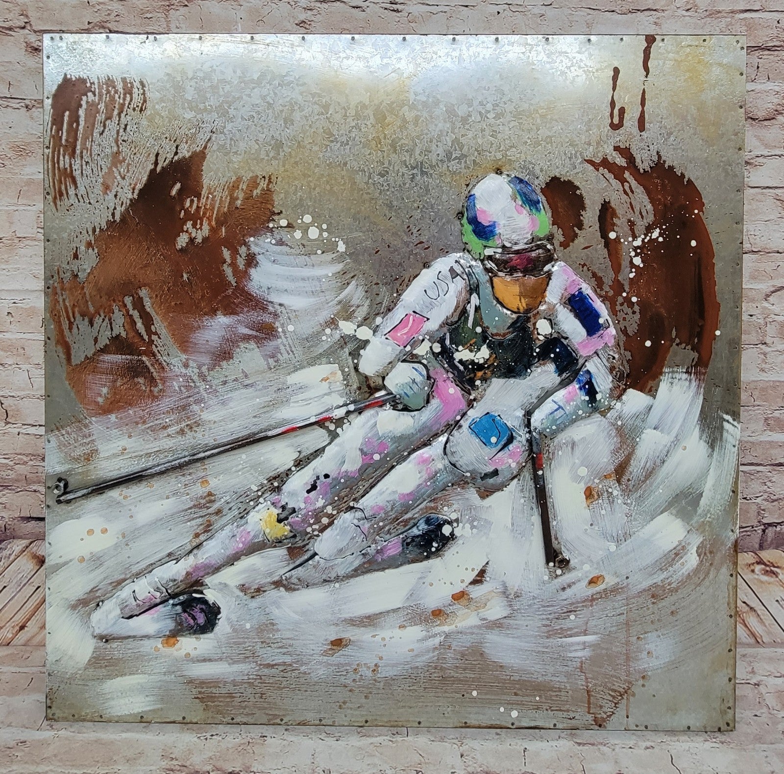 Watercolor Ski Scene - Unframed Painting on Canvas 3D Hand Made Art