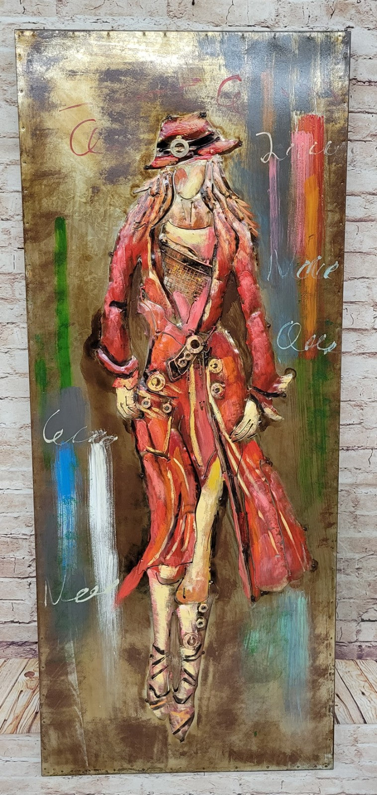 Woman in Red  Oil Painting Abstract Girl Wall Art with Booth and Hat Statue