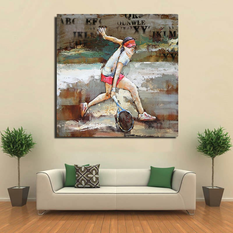 Wall Mount Metal  OIL PAINTING OF TENNIS PLAYER IN ACTION 32" X 32" ARTWORK