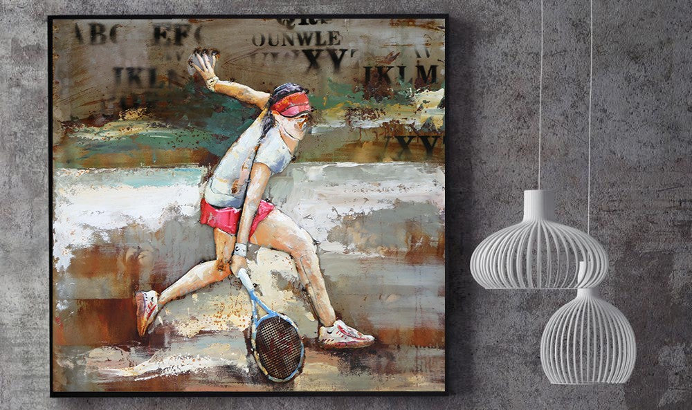 Wall Mount Metal  OIL PAINTING OF TENNIS PLAYER IN ACTION 32" X 32" ARTWORK