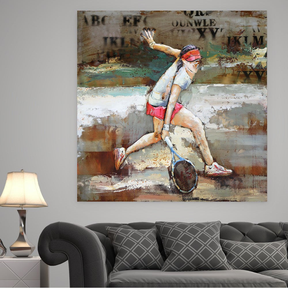 Wall Mount Metal  OIL PAINTING OF TENNIS PLAYER IN ACTION 32" X 32" ARTWORK