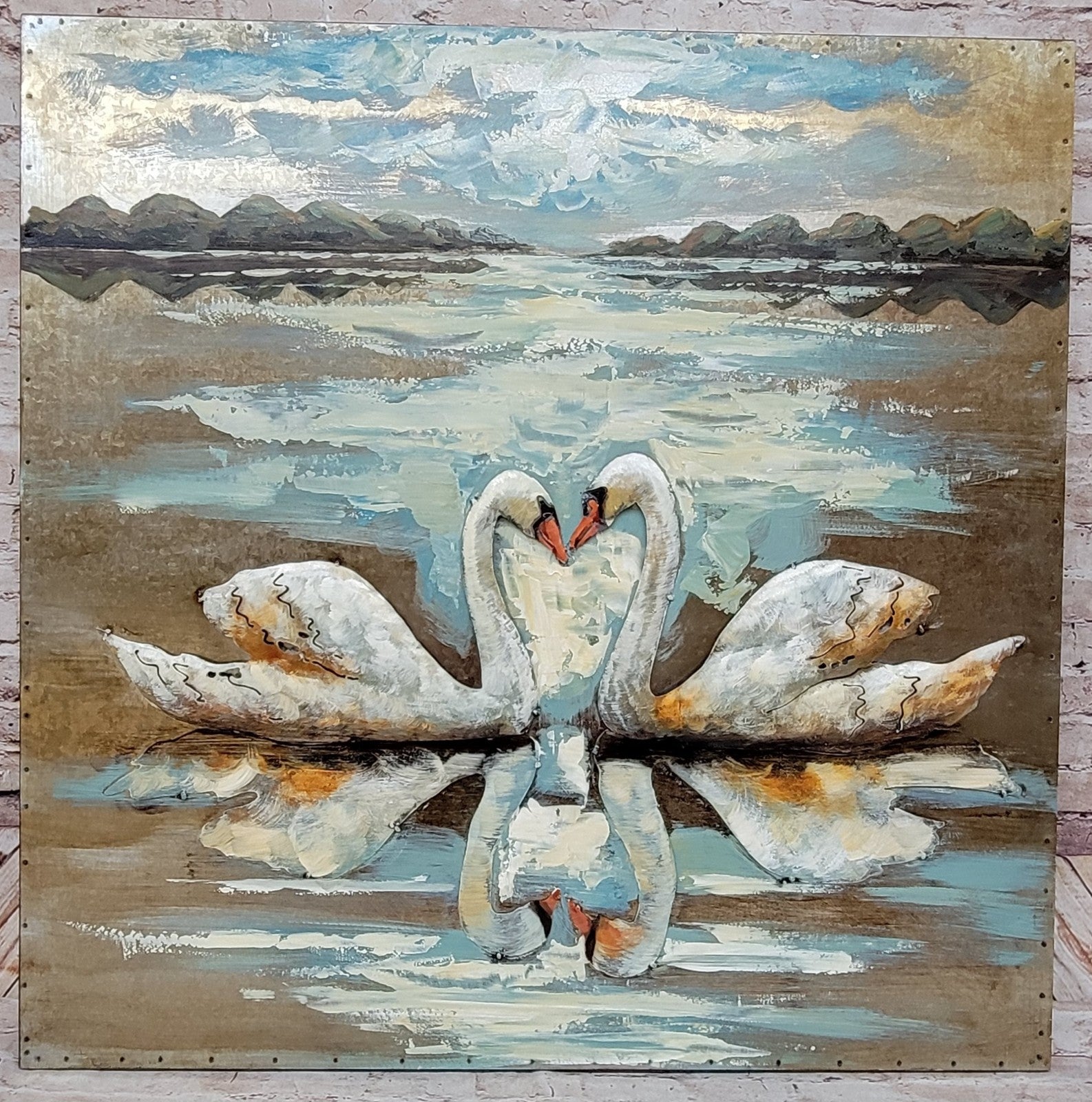 This striking wall art features two swans three Dimensional Fine Art artwork