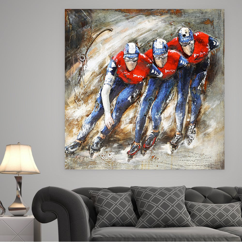 Competition in team work on Skating Roller Blading 3-D Oil Painting 32 by 32 inches