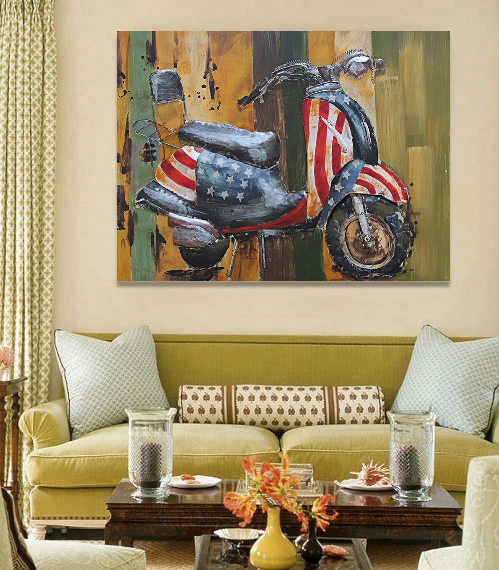 Paintings 3D Metal Vintage Colorful Scooter Trio Painting Wall Art Decor