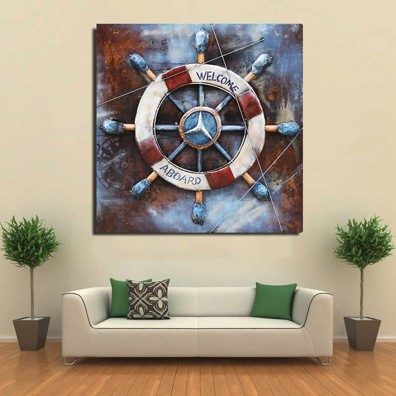 High Quality Retro Distressed 3D Boat Anchor Rudder Canvas Painting