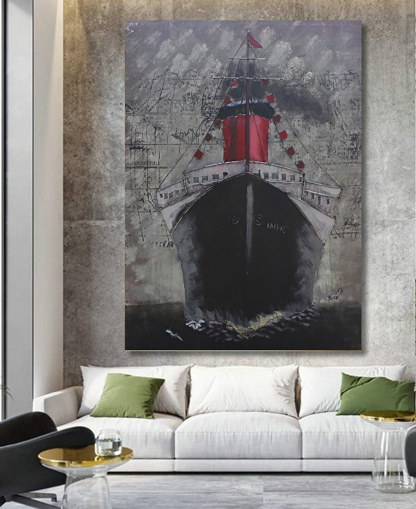 3D Marine iron Wall art embossed Ship Painting Mixed Media Hand Painted metal