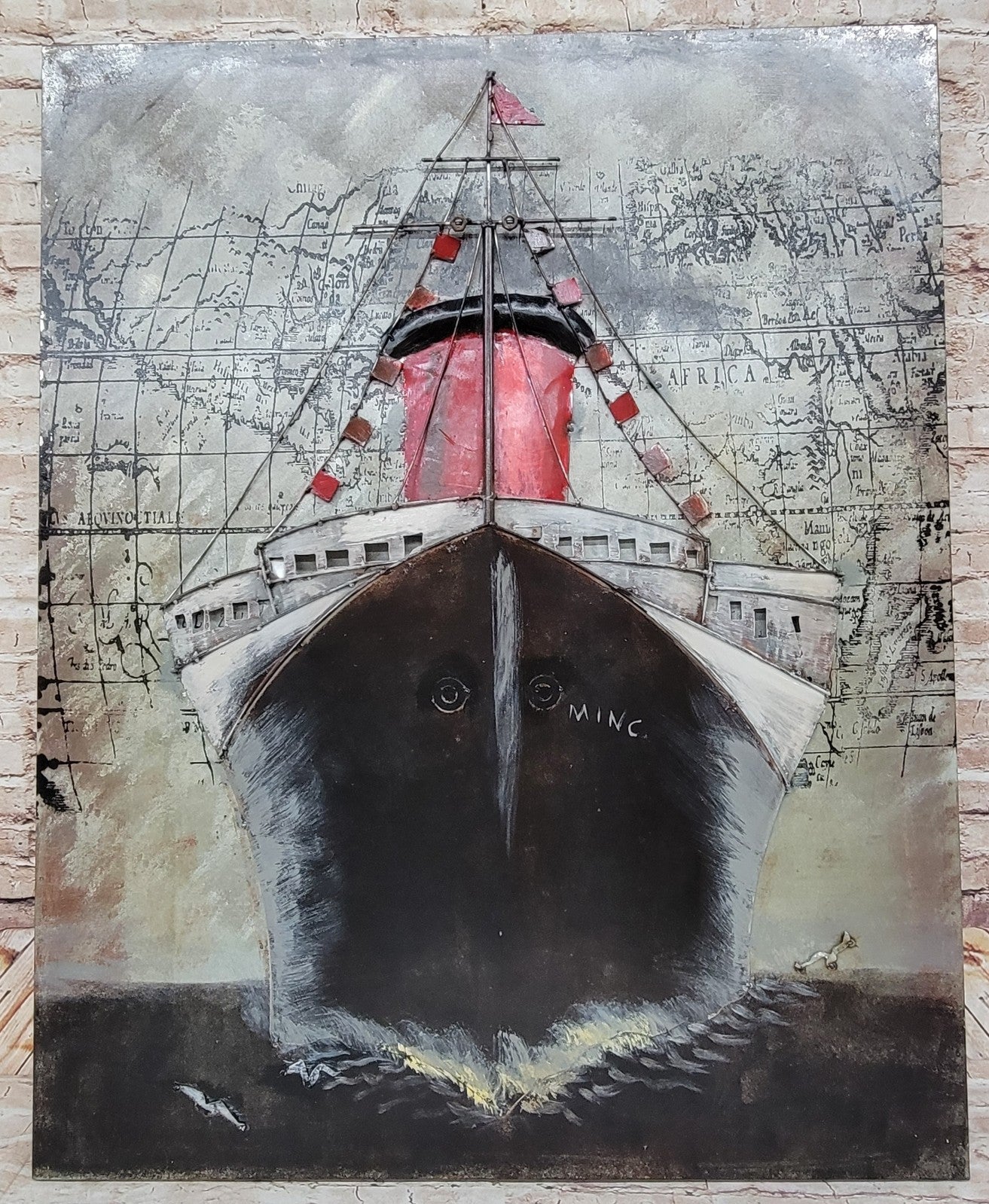 3D Marine iron Wall art embossed Ship Painting Mixed Media Hand Painted metal