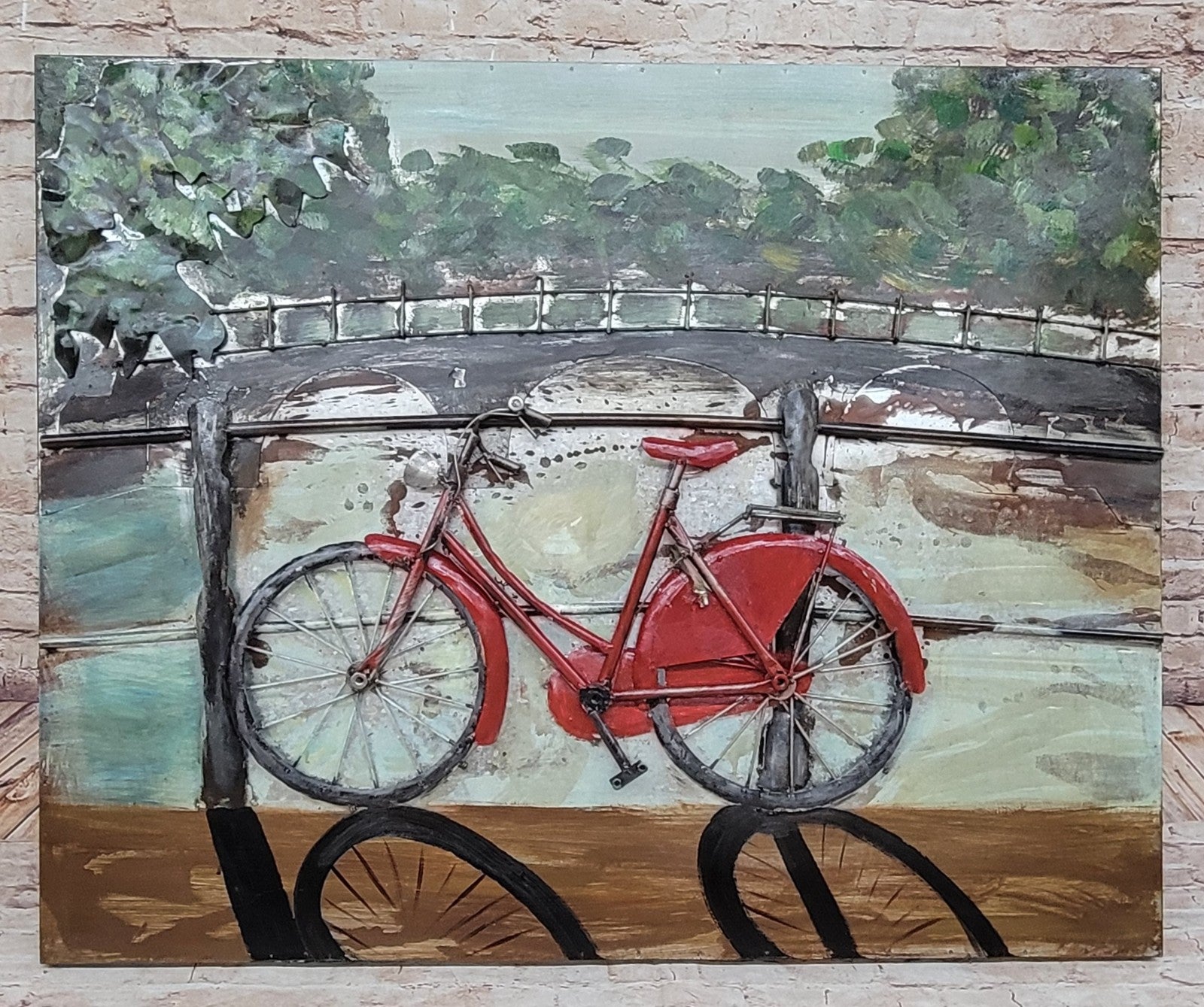 Bicycle With Trees Framed Metal Canvas Wall Art Decor 3 Dimensional Work