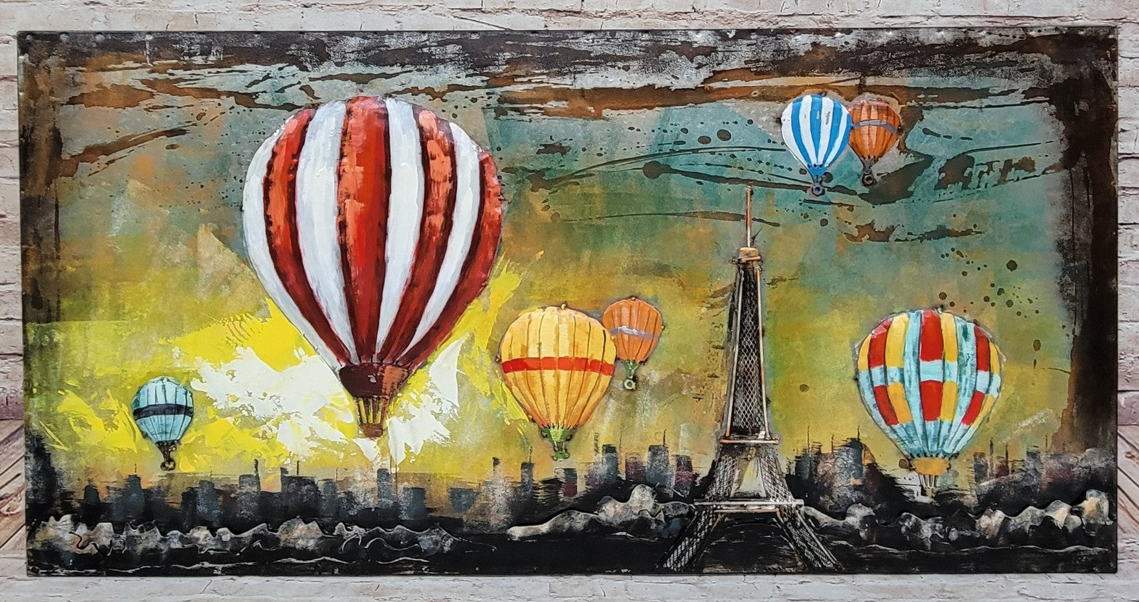 Metal Decoration Oil Painting Wall Art Iron Building and Hot Air Balloon 3D Gift