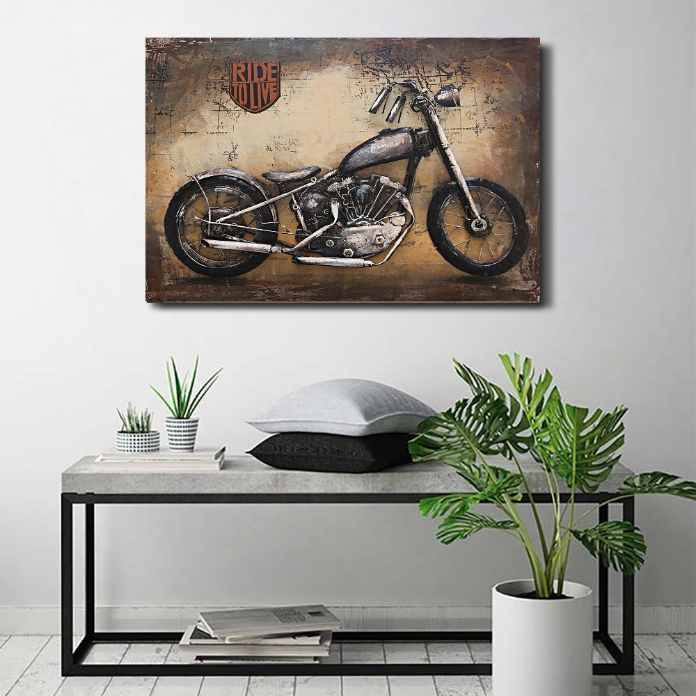 Framed Motorcycle Wall Art Metal Canvas Painting Rustic Landscape Decor Figure