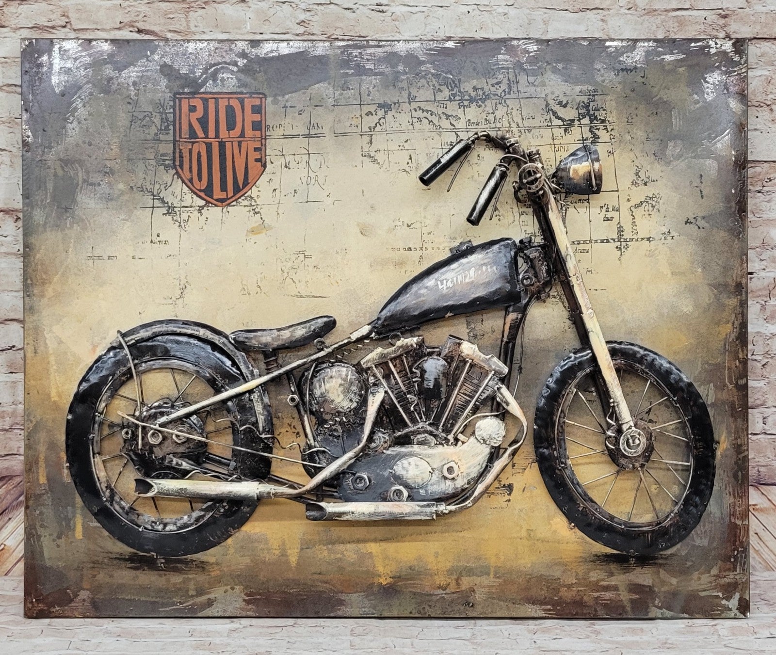 Framed Motorcycle Wall Art Metal Canvas Painting Rustic Landscape Decor Figure