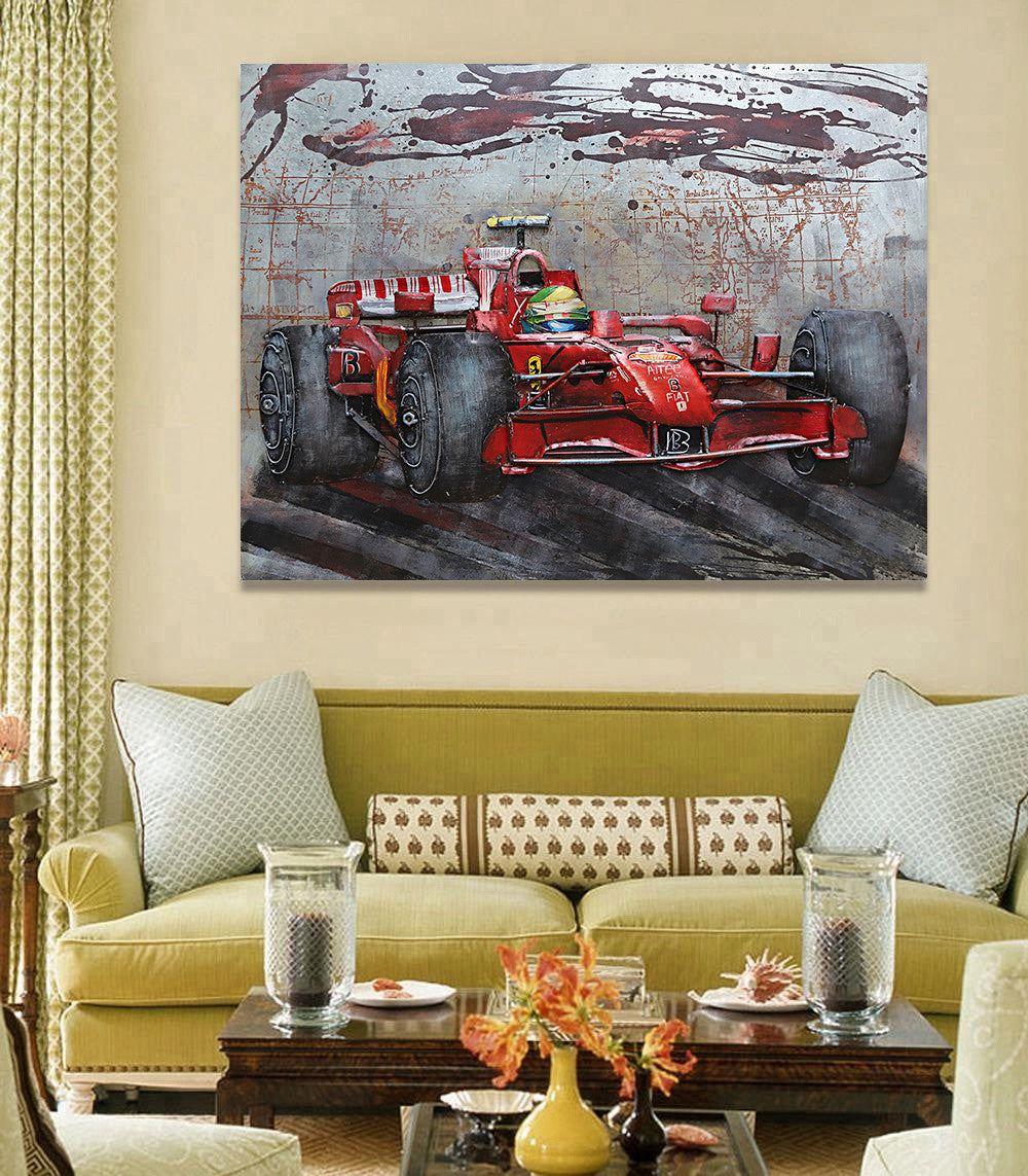 RACE CAR RACING PAINTINGS ORIGINAL 3-D ARTWORK METAL ON METAL OLI PAINTING ART