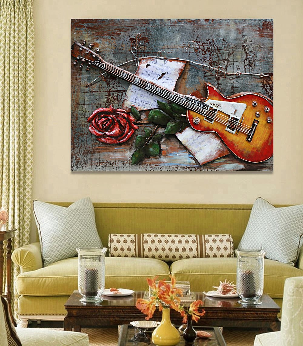 Rose Bloom flower on Guitar Painting in Color Birthday Anniversary 3-D Artwork