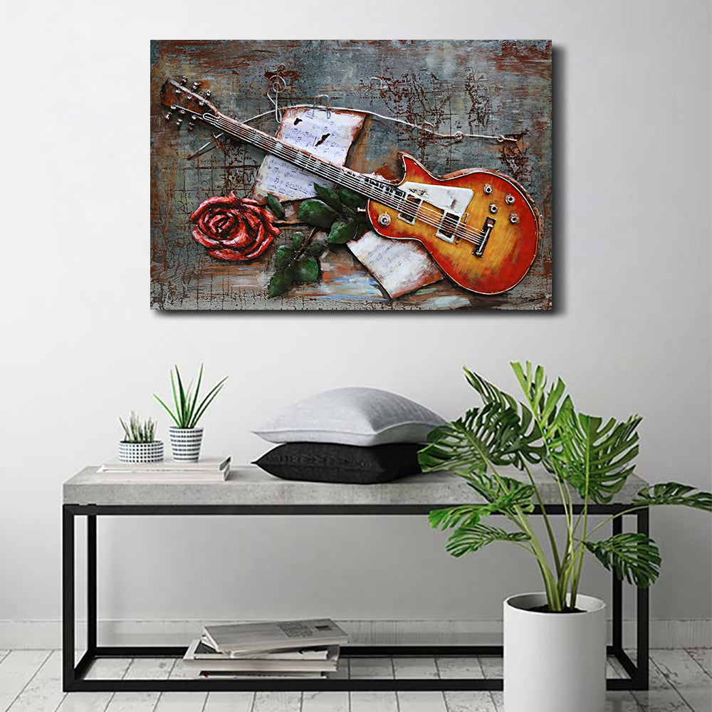Rose Bloom flower on Guitar Painting in Color Birthday Anniversary 3-D Artwork