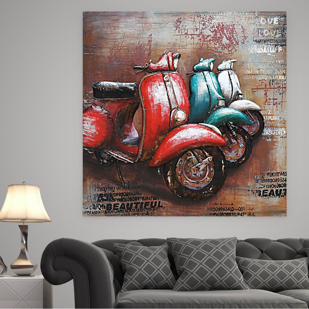 European 3D painting metal 32 x32 Inches Vespa Scooter Motor Bike Deco