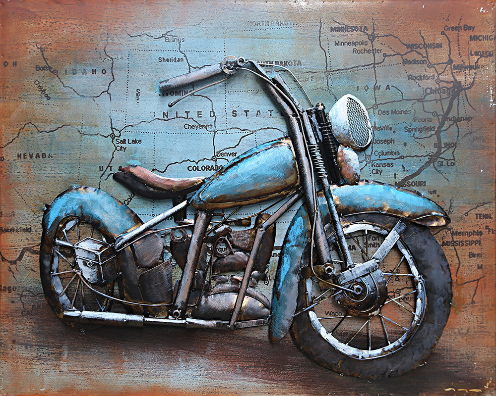 Hand Made Motorcycle Wall Art Metal Canvas Painting Rustic Landscape Decor