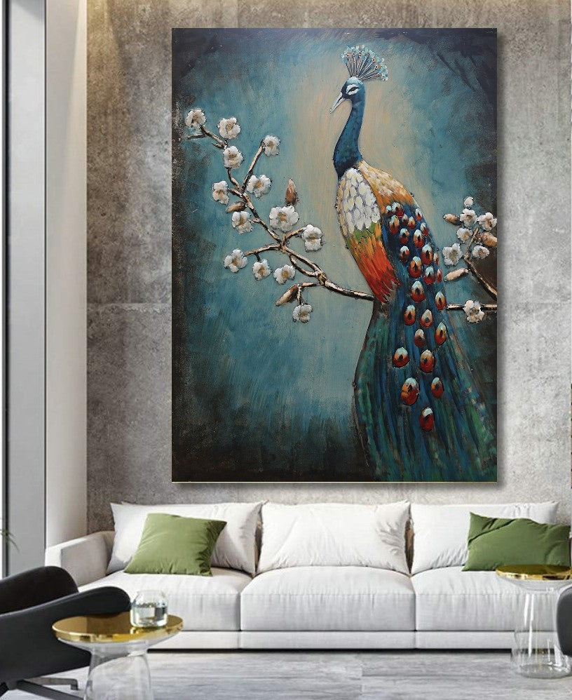 European Bronze Finery Floral Colorful Flower and Peacock Painting 3-D Art
