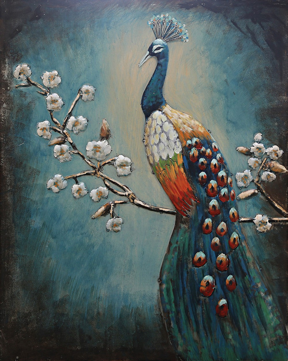 European Bronze Finery Floral Colorful Flower and Peacock Painting 3-D Art