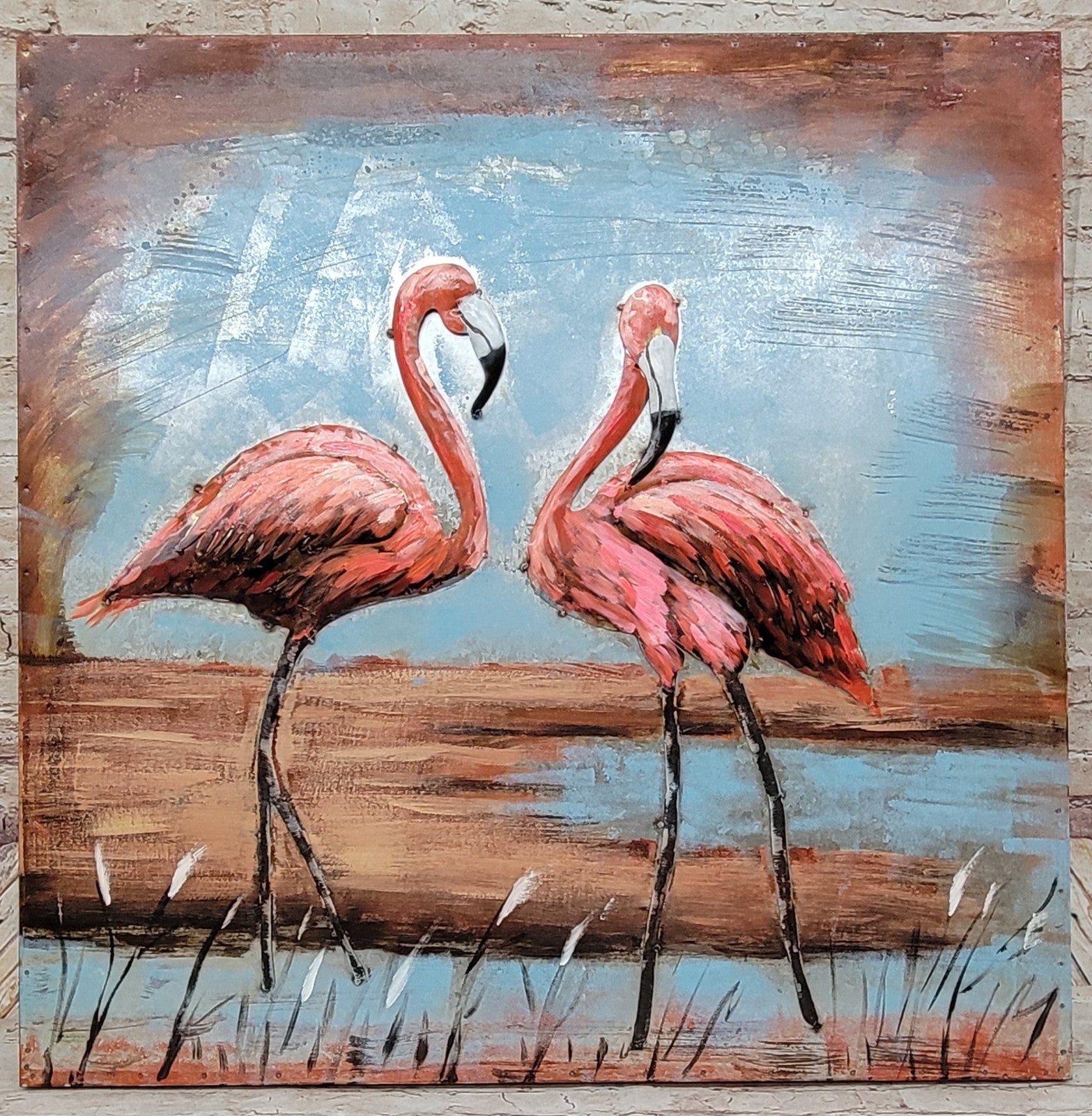 Handcrafted 3D Flamingo Metal Wall Art 32 by 32 Inches Artwork Sculpture