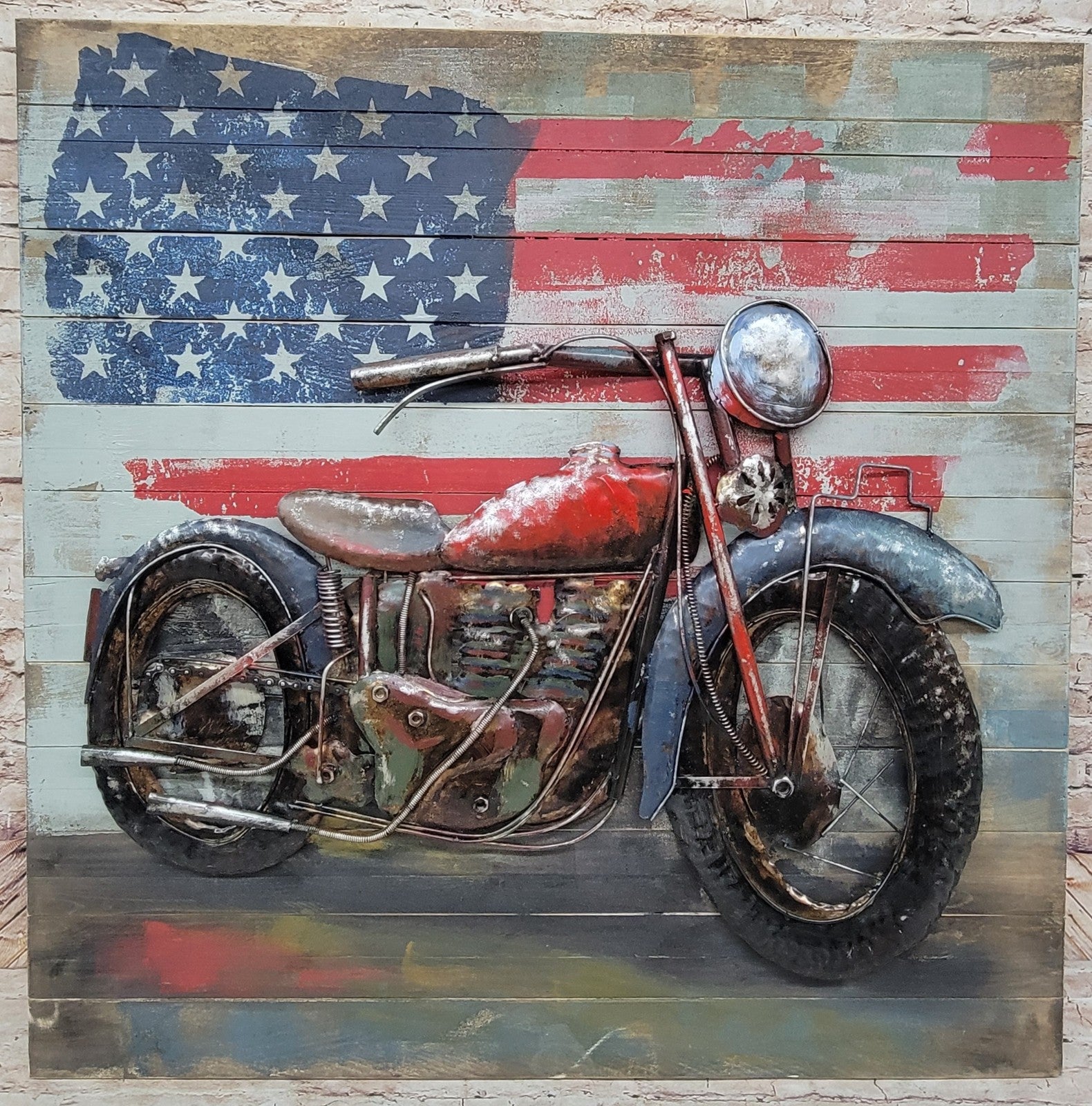 "Motorcycle 1" Harley Davidson Mixed Media Hand Painted Iron Wall Sculpture