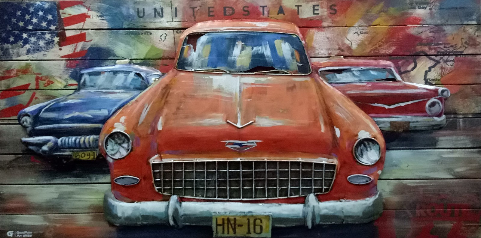 Primitive Home Decor Acrylic Metallic Car Gift 3D Wood Painting for Hotels Figure