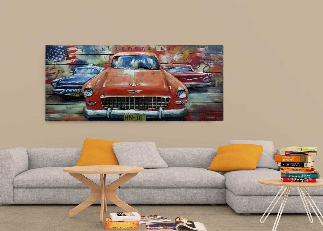 Primitive Home Decor Acrylic Metallic Car Gift 3D Wood Painting for Hotels Figure