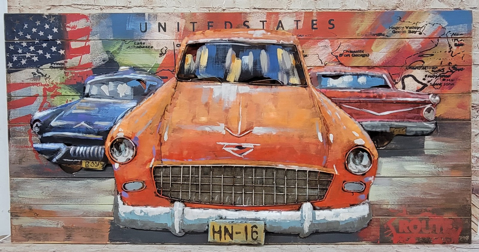 Primitive Home Decor Acrylic Metallic Car Gift 3D Wood Painting for Hotels Figure