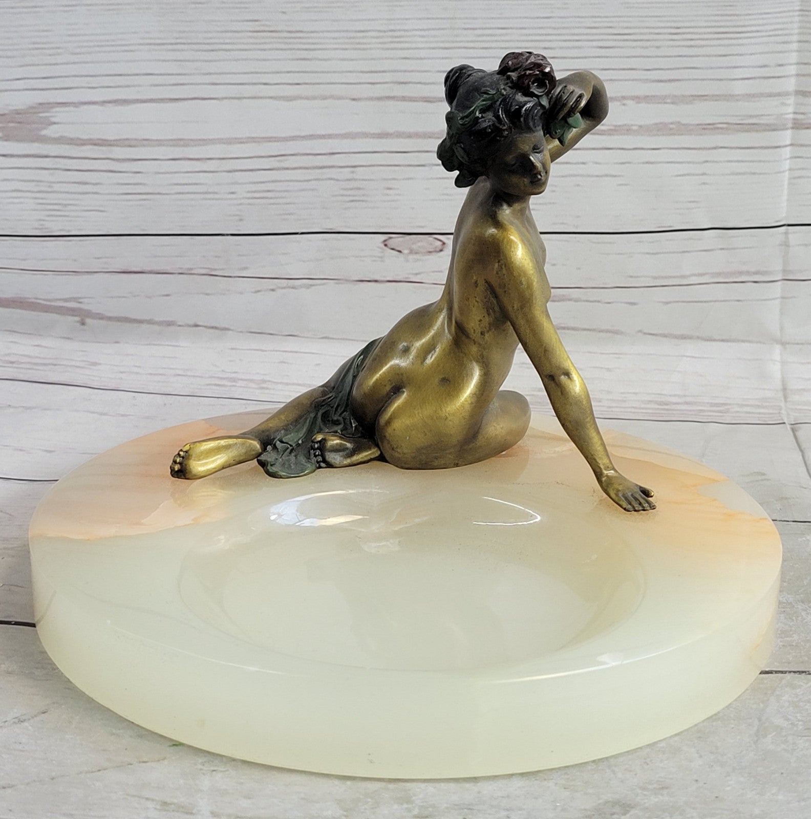 Milo Art Deco Nude Lady Bronze Ashtray Onyx Base Erotic Female Sculpture