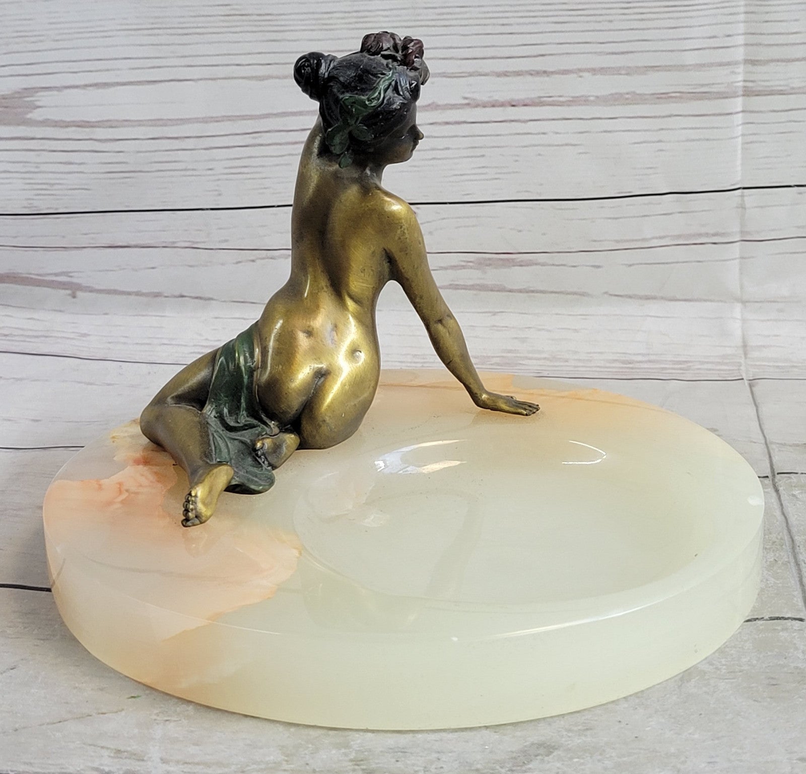 Milo Art Deco Nude Lady Bronze Ashtray Onyx Base Erotic Female Sculpture