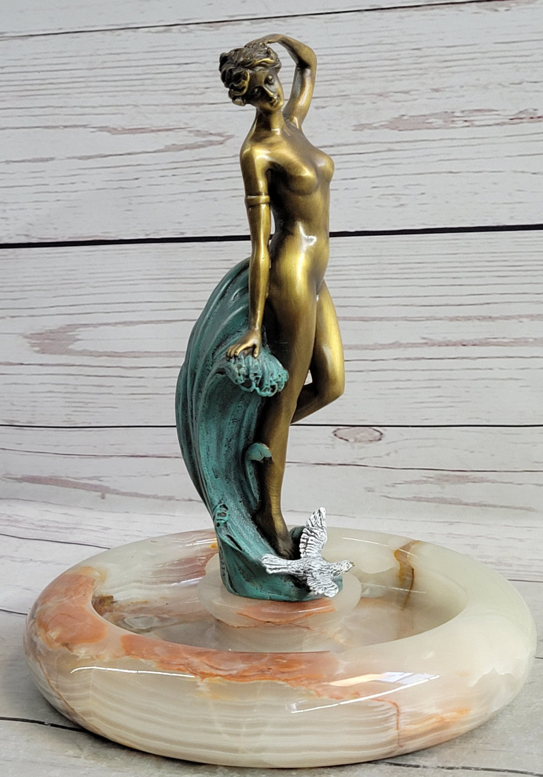 Miguel Lopez Original Nude Girl Onyx Base Bronze Ashtray Art Deco Sculpture