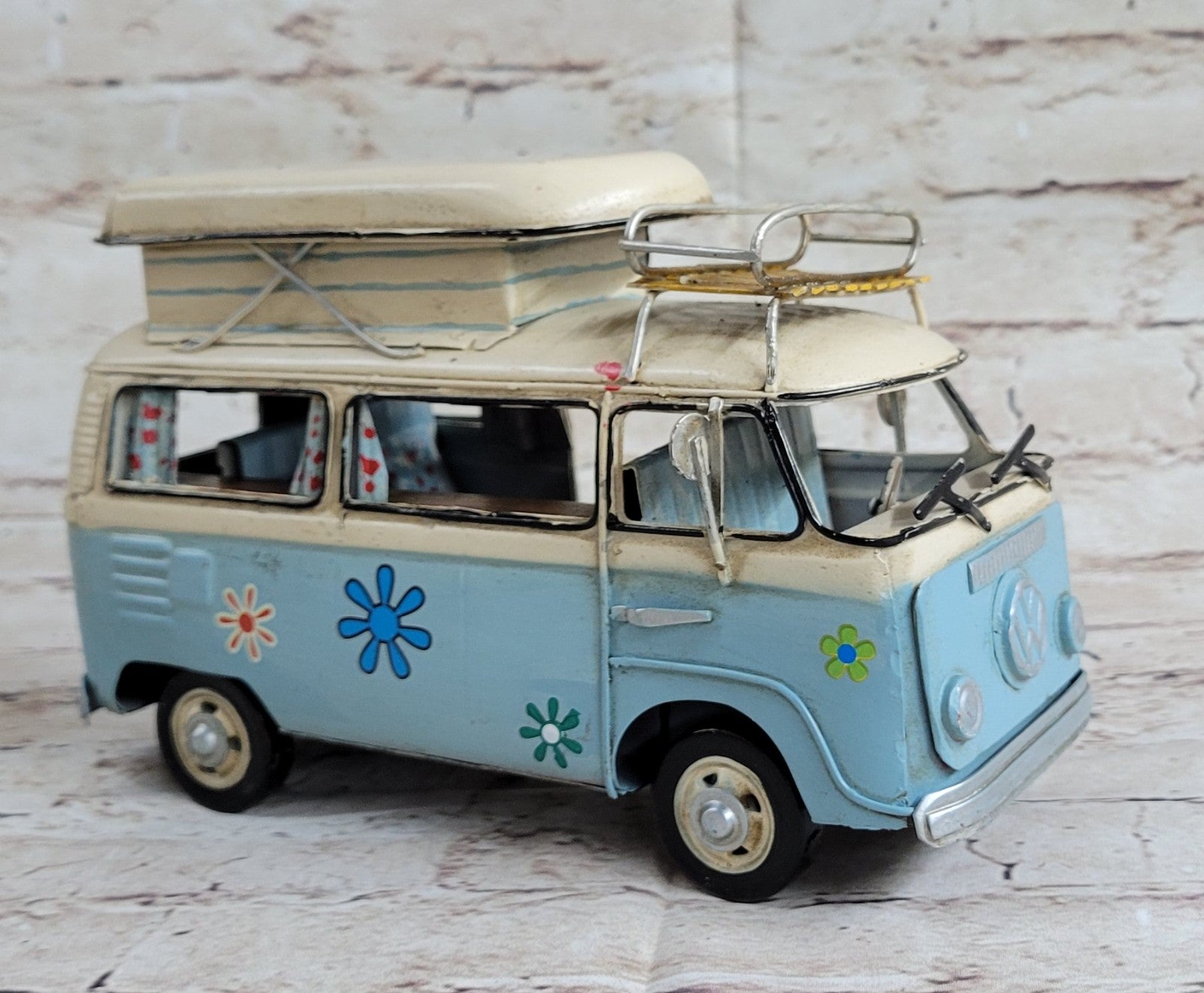 Retro handmade metal camper bus model 1/20 Scale Model Blue and white Camper