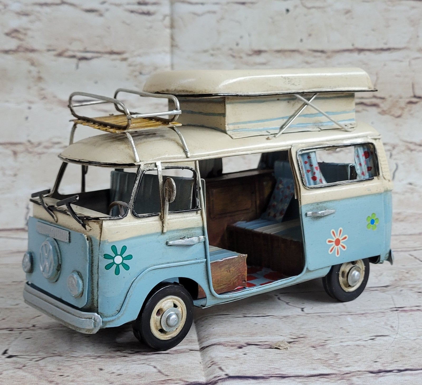 Retro handmade metal camper bus model 1/20 Scale Model Blue and white Camper