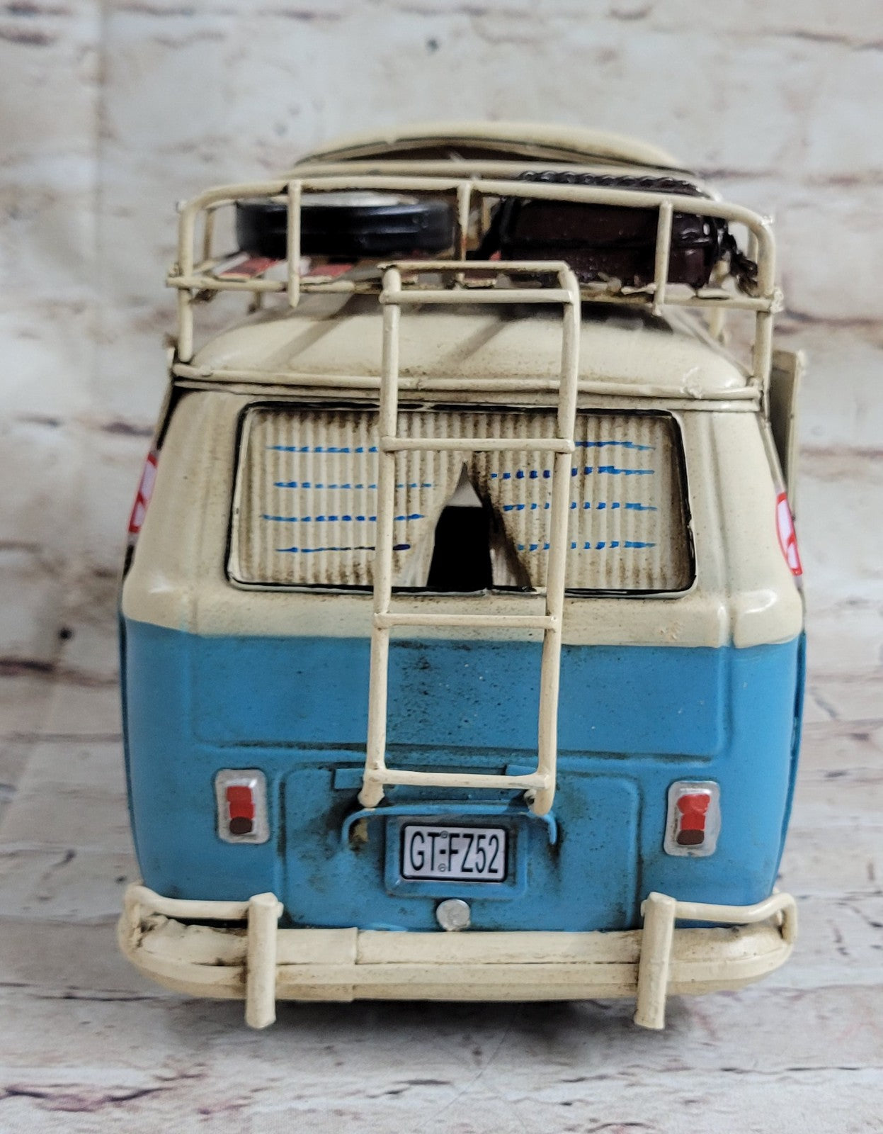 1964 VW Volkswagen  Deluxe Bus in Blue and white - Tinplate Model W/Camper Gift