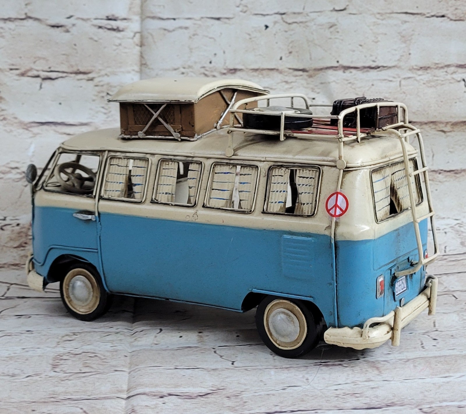 1964 VW Volkswagen  Deluxe Bus in Blue and white - Tinplate Model W/Camper Gift