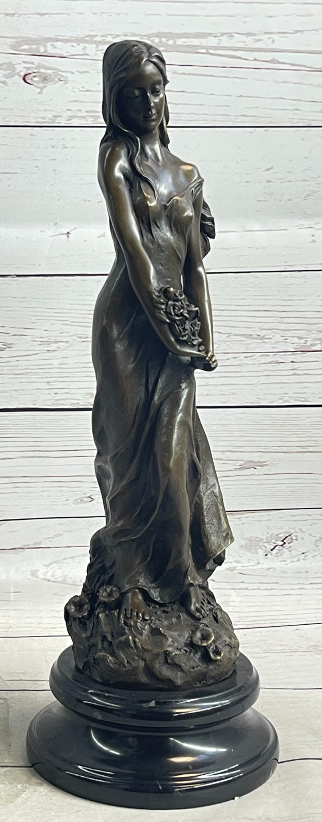Museum-Quality Artwork: Gorgeous Maiden with Flower, Handmade Bronze Sculpture by Milo