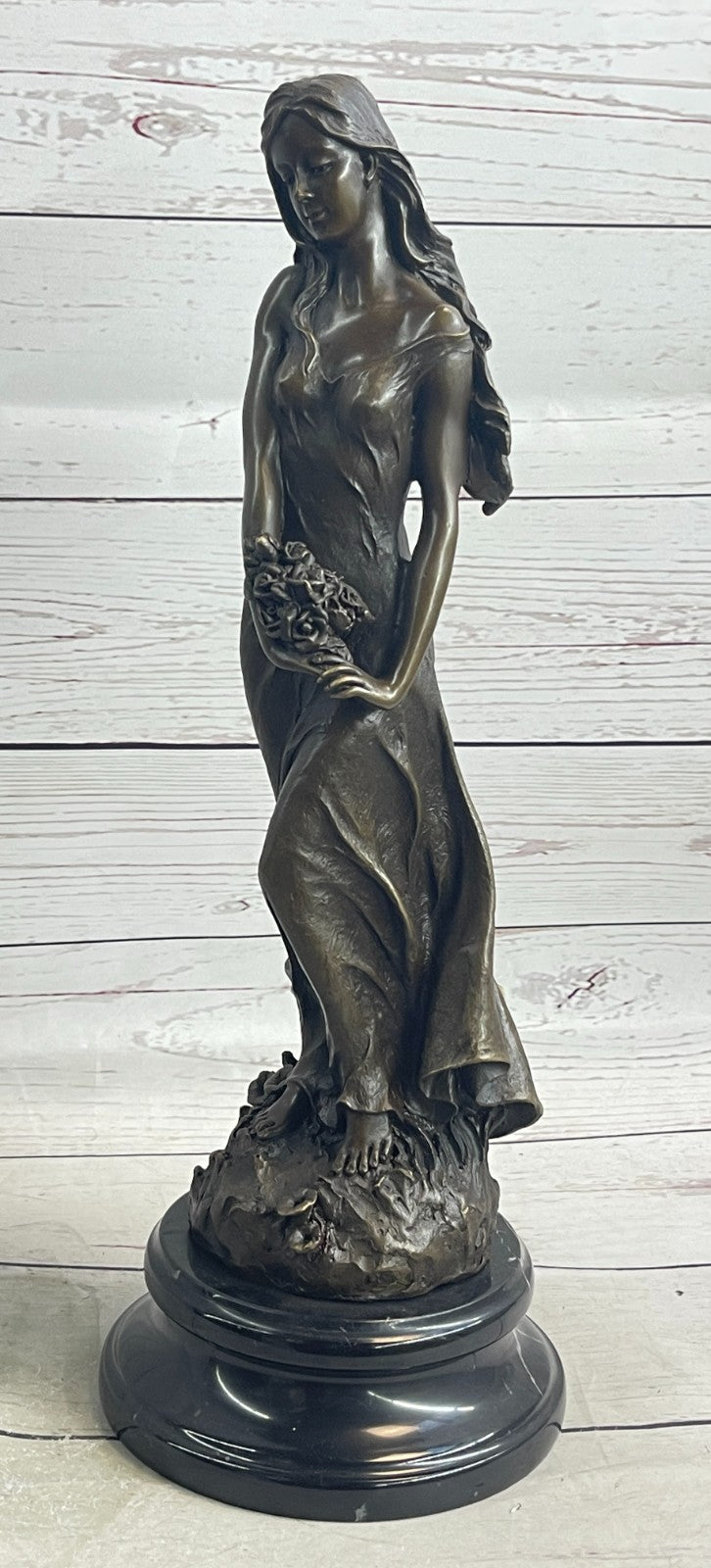 Museum-Quality Artwork: Gorgeous Maiden with Flower, Handmade Bronze Sculpture by Milo