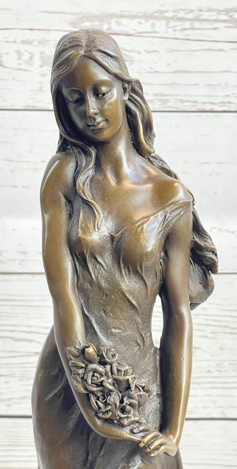 Museum-Quality Artwork: Gorgeous Maiden with Flower, Handmade Bronze Sculpture by Milo