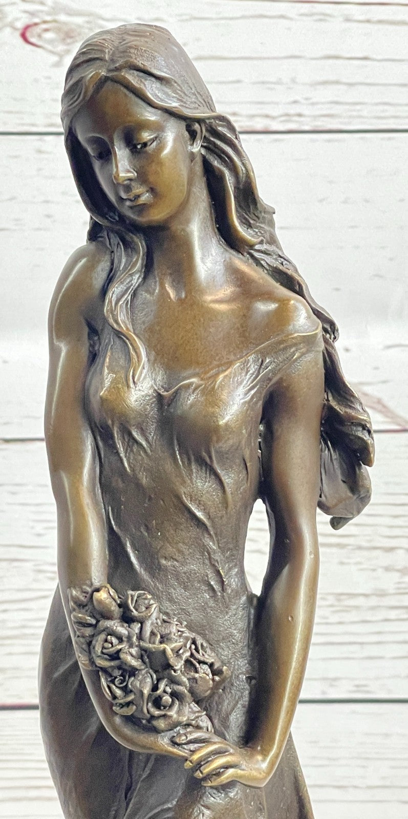 Museum-Quality Artwork: Gorgeous Maiden with Flower, Handmade Bronze Sculpture by Milo