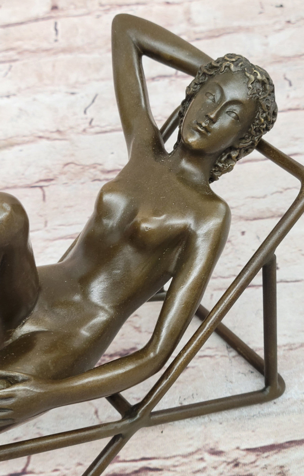 Lost Wax Method Sculpture: Nude Woman Relaxing on Beach Chair