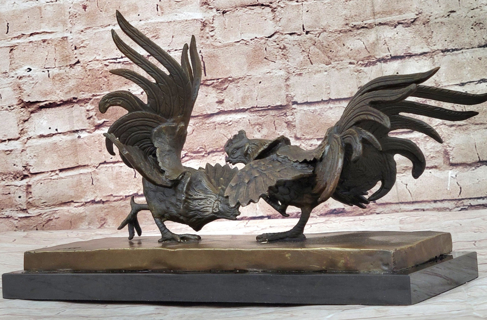 Hand Made Bronze Rooster Cock Fight Sculpture by Miguel Lopez on Marble Base