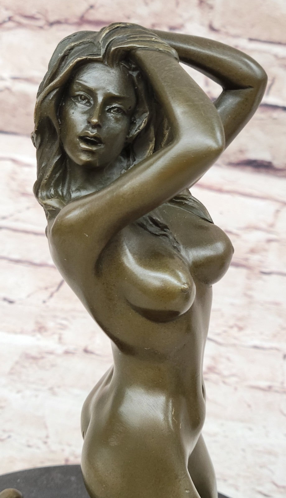 Signed Real Bronze on Marble Base Bookend Sculpture Nude Girl Exposed Breasts