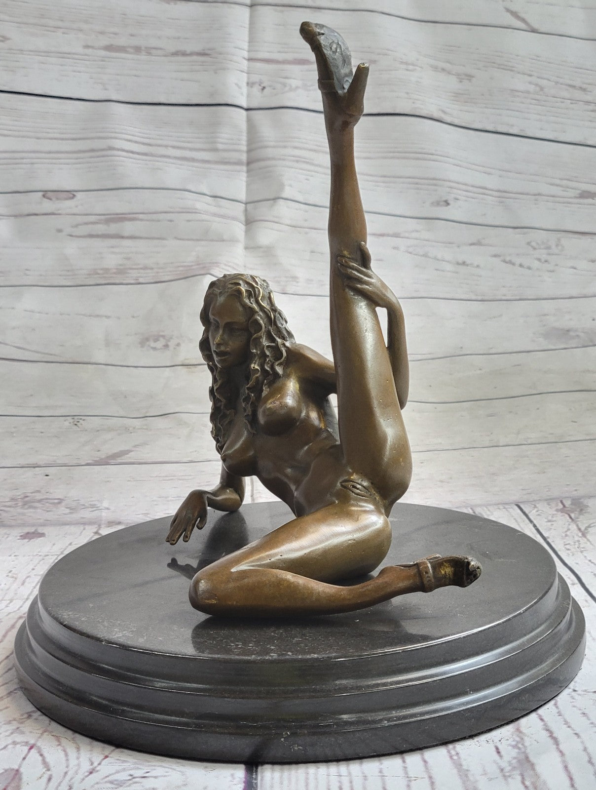 Handcrafted Nude Woman Exposing Herself Bronze Sculpture Marble Base Figurine