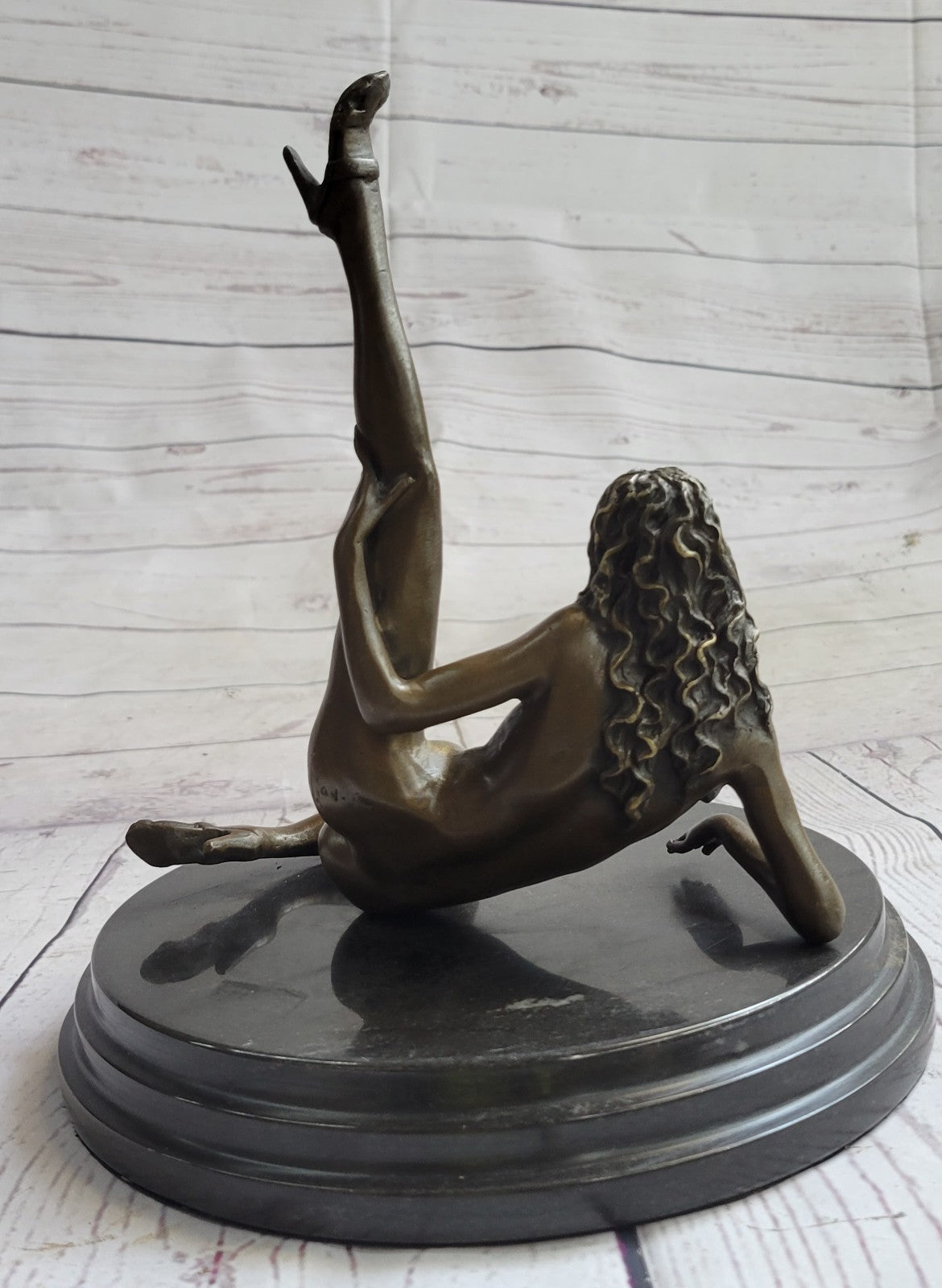 Handcrafted Nude Woman Exposing Herself Bronze Sculpture Marble Base Figurine