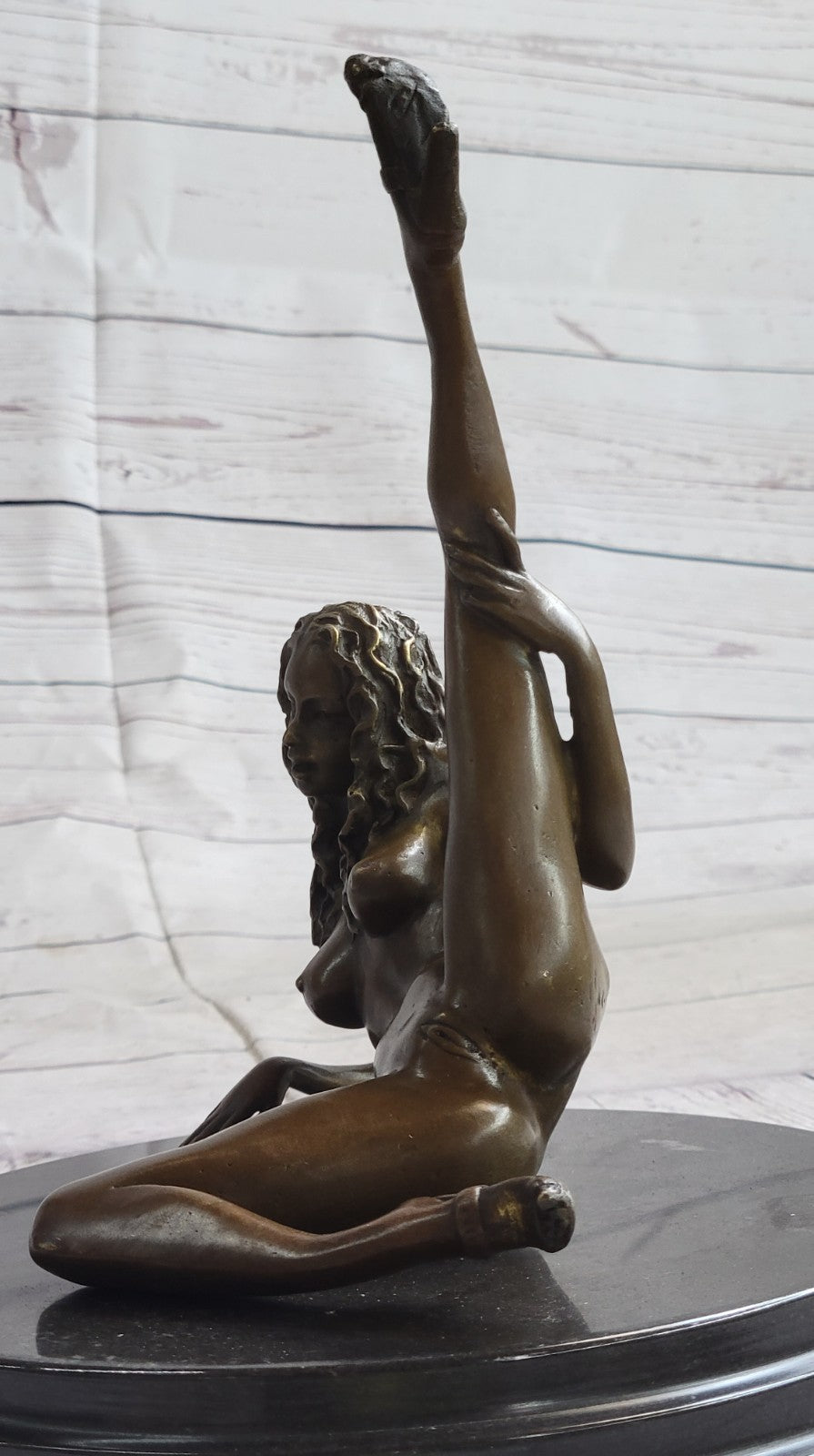 Handcrafted Nude Woman Exposing Herself Bronze Sculpture Marble Base Figurine