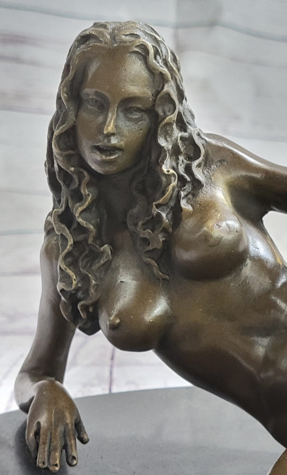 Handcrafted Nude Woman Exposing Herself Bronze Sculpture Marble Base Figurine