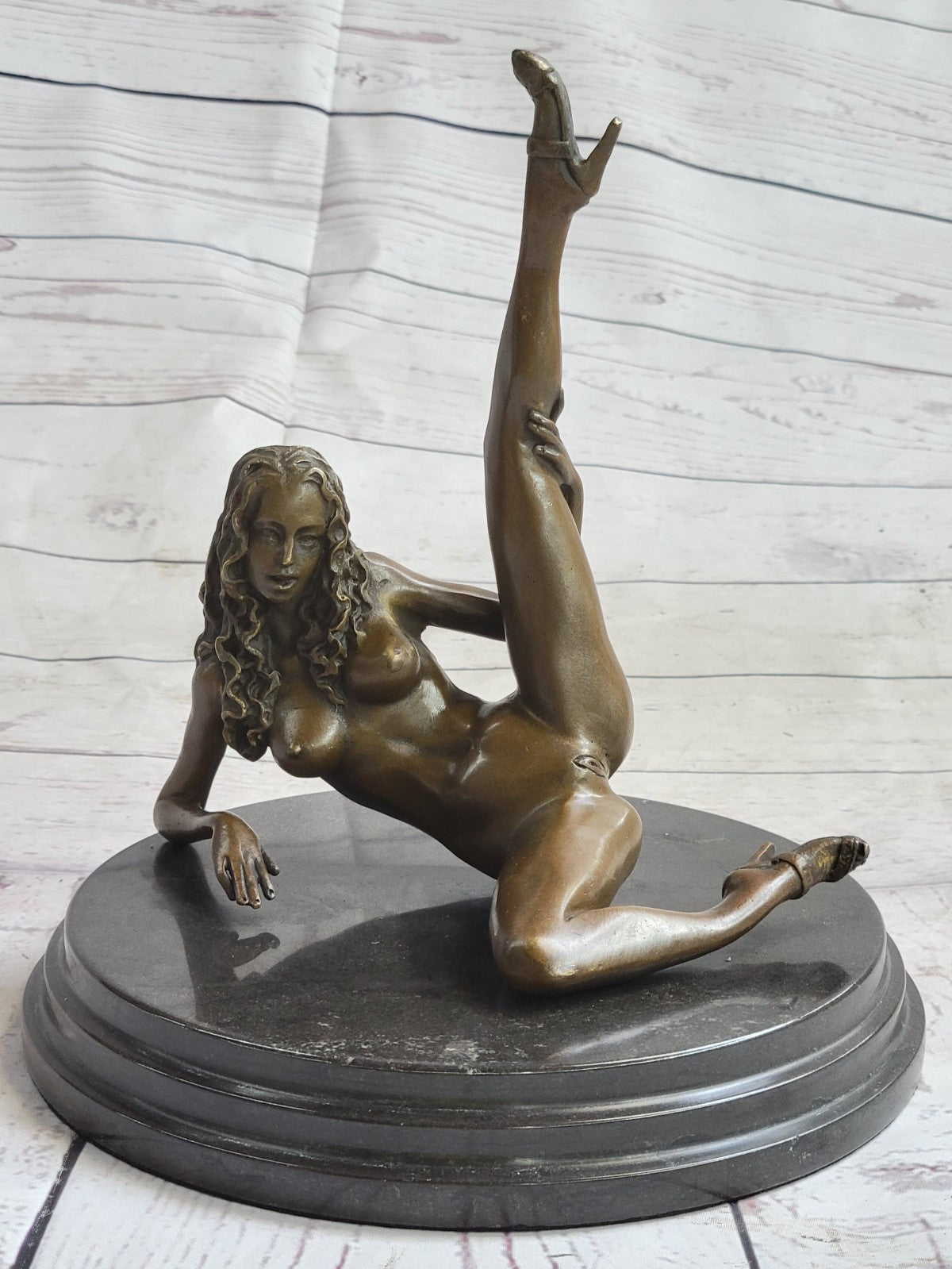 Handcrafted Nude Woman Exposing Herself Bronze Sculpture Marble Base Figurine