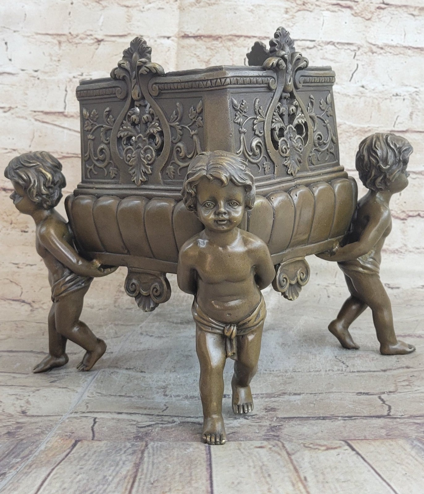 Museum Quality Vintage Planter Bronze Sculpture Featuring Putti Hot Cast Gift NR