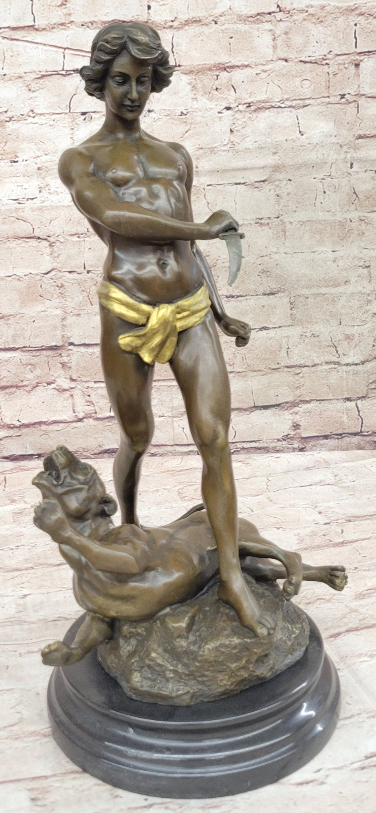 Lost Wax Method Winner Paris Exposition 1900 Nude Boy and Lion Bronze Sculpture Decor